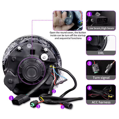 Car headlight assembly with wiring harness and control buttons, labeled for functions.