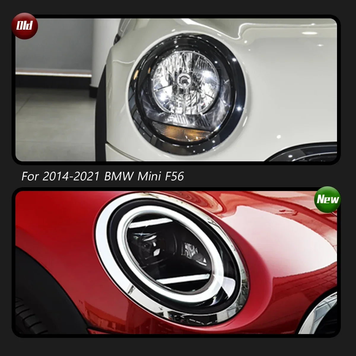 Before and after effect of Fast Life's Mini Cooper LED Headlight Upgrade