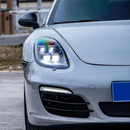 Close-up of a porsche cayman headlight with a Fast Life Custom LED