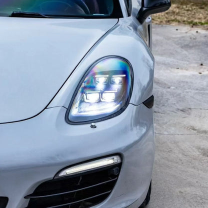 Close-up of a porsche cayman headlight with a Fast Life Custom LED