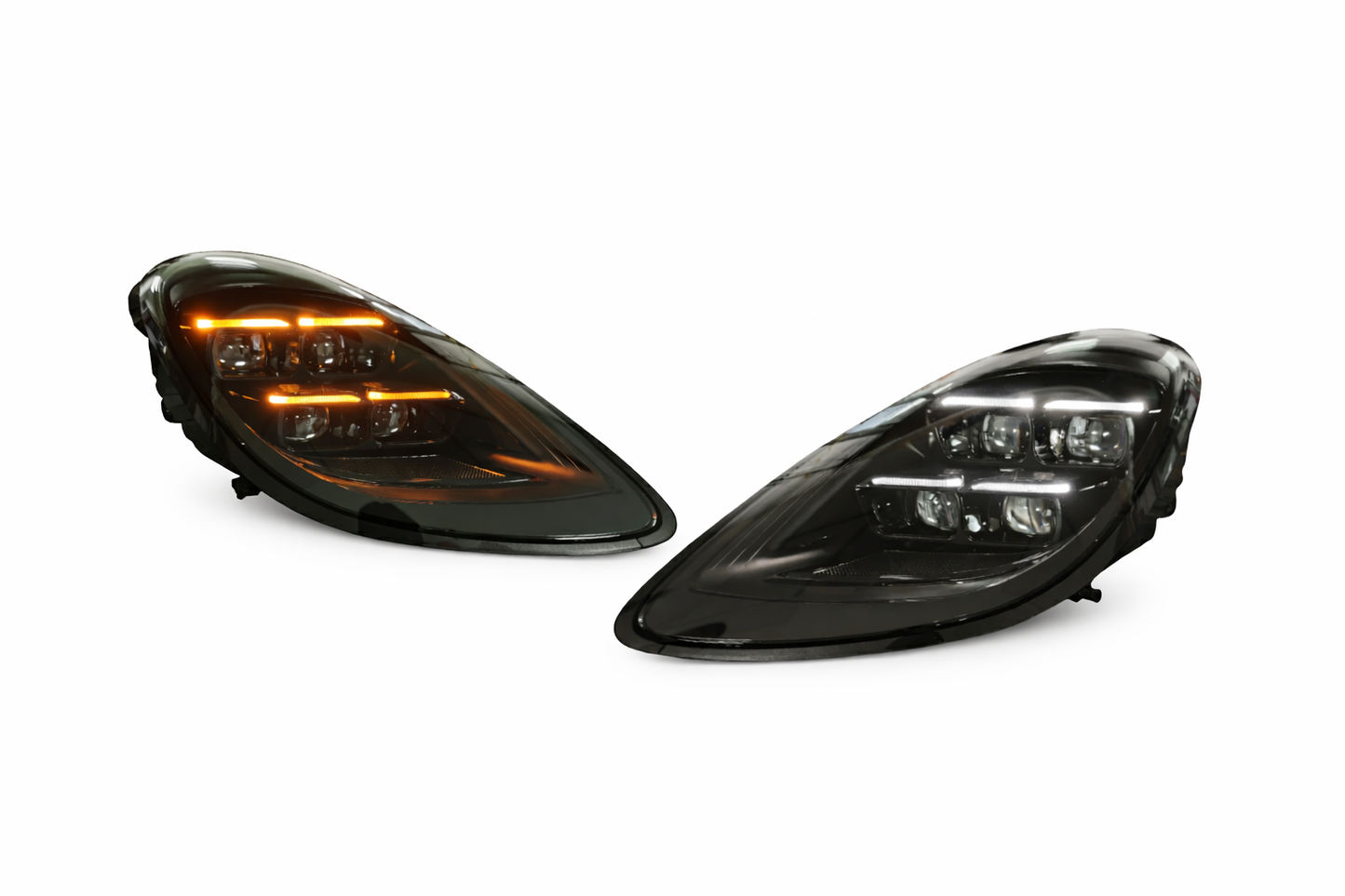 Porsche Cayman LED light upgrade on a white background from Fast Life Customs
