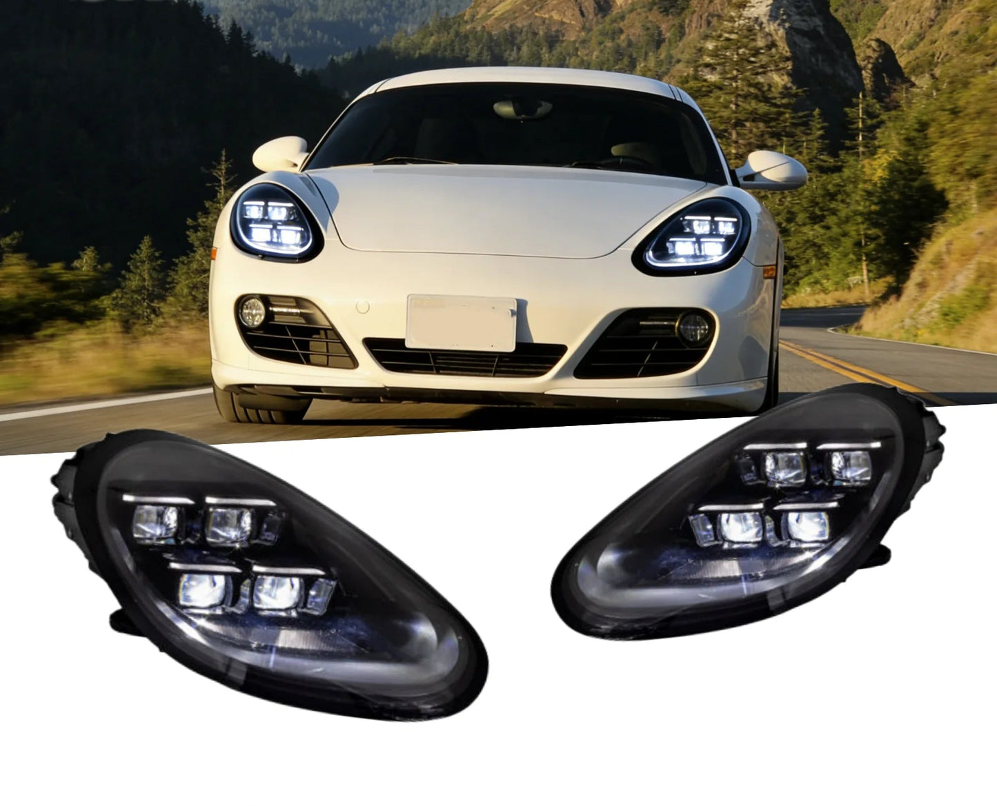 Car headlights for Porsche Cayman Boxster 2009-2012 with a scenic background